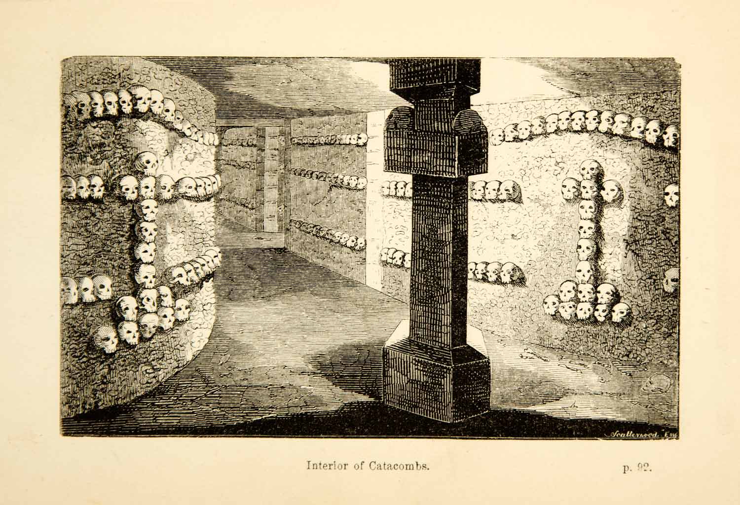 1854 Wood Engraving Interior Roman Catacombs Italy Skulls Tomb Column ...