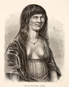 1875 Wood Engraving Nude Breast Sipibo Woman Costume Portrait South XGHC1