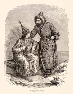 1886 Wood Engraving Portrait Costume Kirguis Tatars Russia Siberia Outfit XGHC7