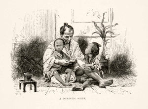 1874 Wood Engraving Portrait Costume Domestic Scene Japan Japanese XGHC8