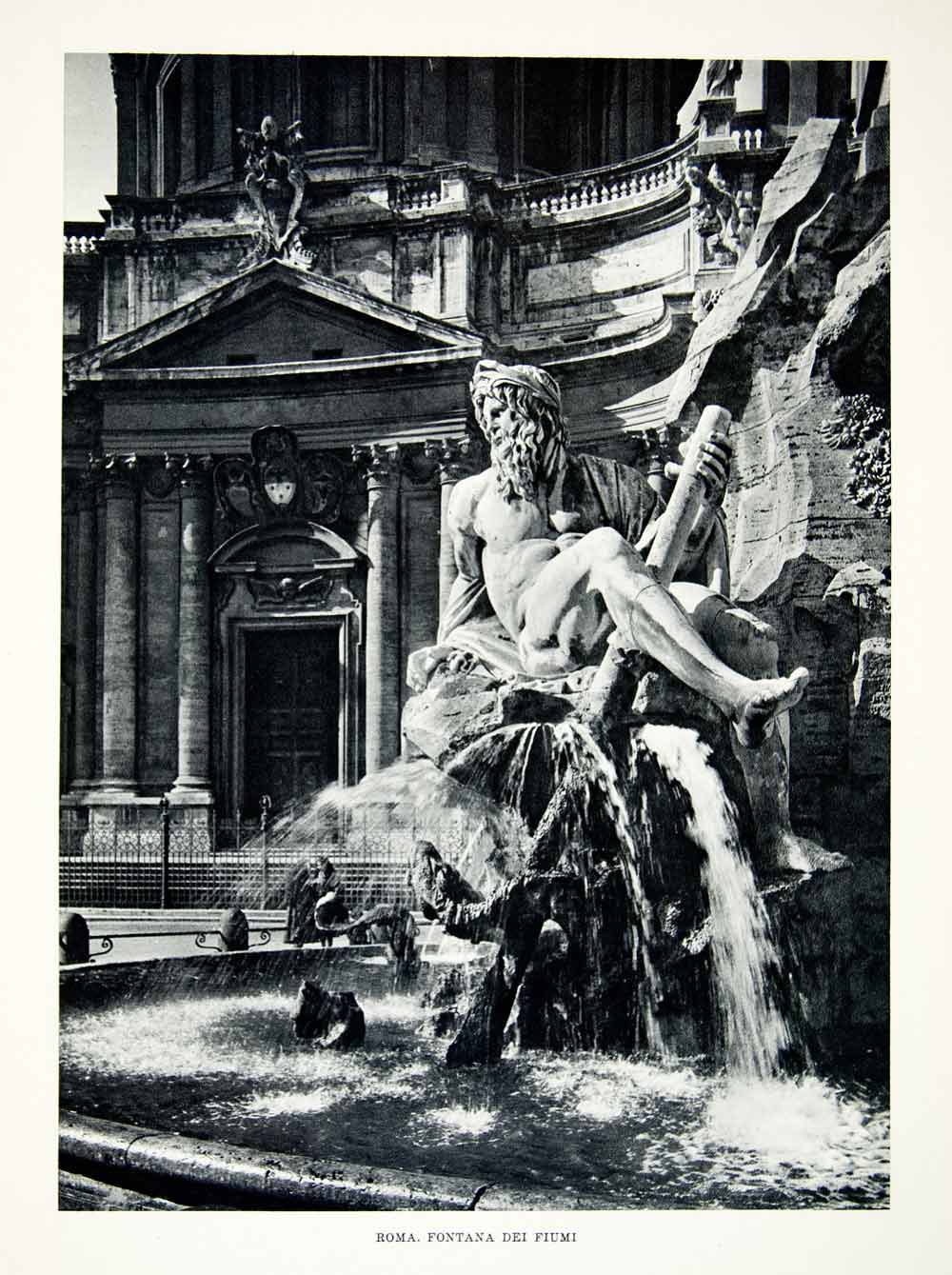 1952 Rotogravure Rome Italy Fountain Four Rivers Sculpture Neptune Triton XGIC3