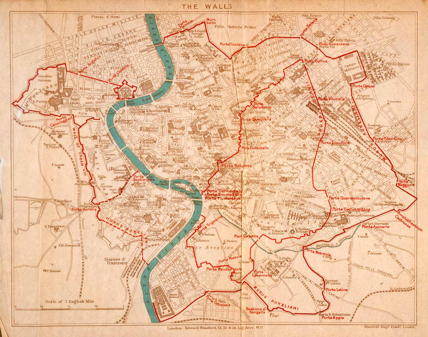 1908 Lithograph Map Plan Rome Italy Ancient City Walls Archaeology History XGJA5