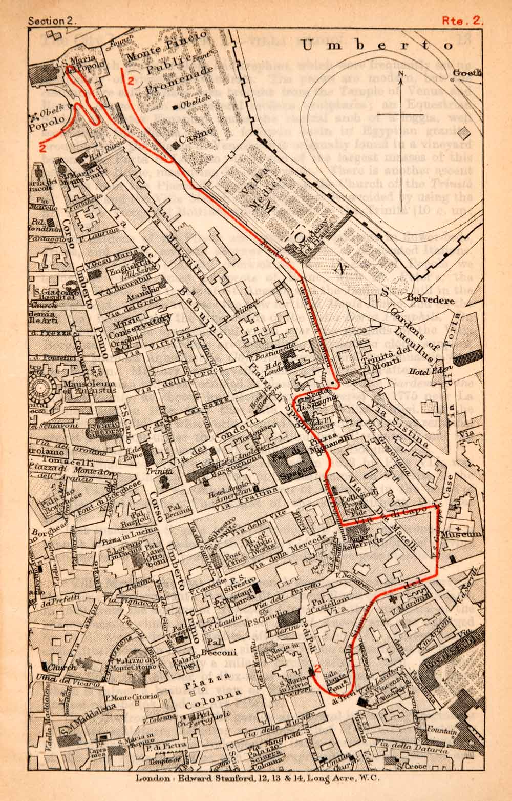 1908 Lithograph Map Plan Piazza Popolo Piazza Colonna Rome Italy Tourist XGJA5