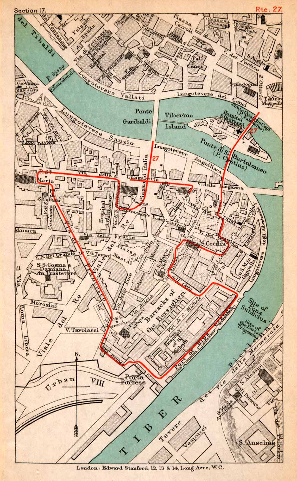 1908 Lithograph Map Rome Tiberine Island Rome Italy Plan Piazza Mastal XGJA5