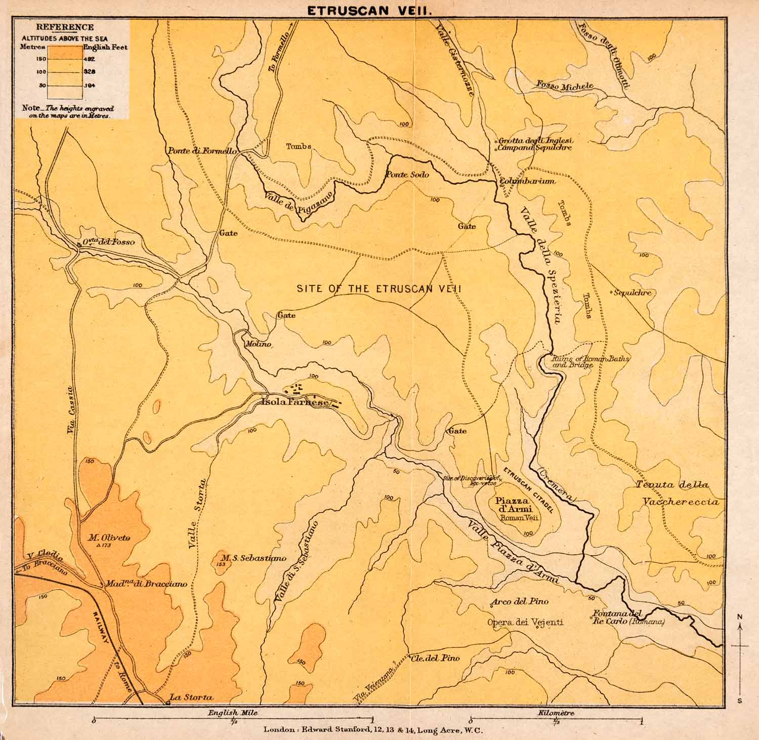 1908 Lithograph Map Etruscan Veii Italy Piazza Armi Elevation Mount XGJA5