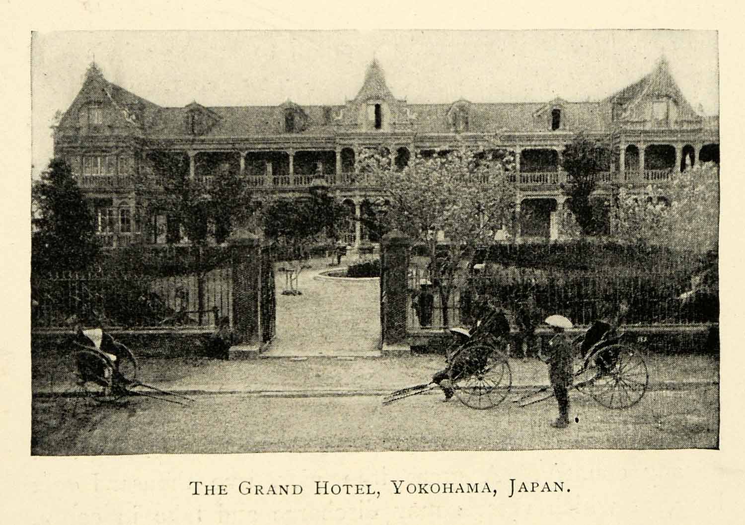 1898 Print Yokohama Japan Grand Hotel Japanese Lodging Rickshaw Historic XGL7