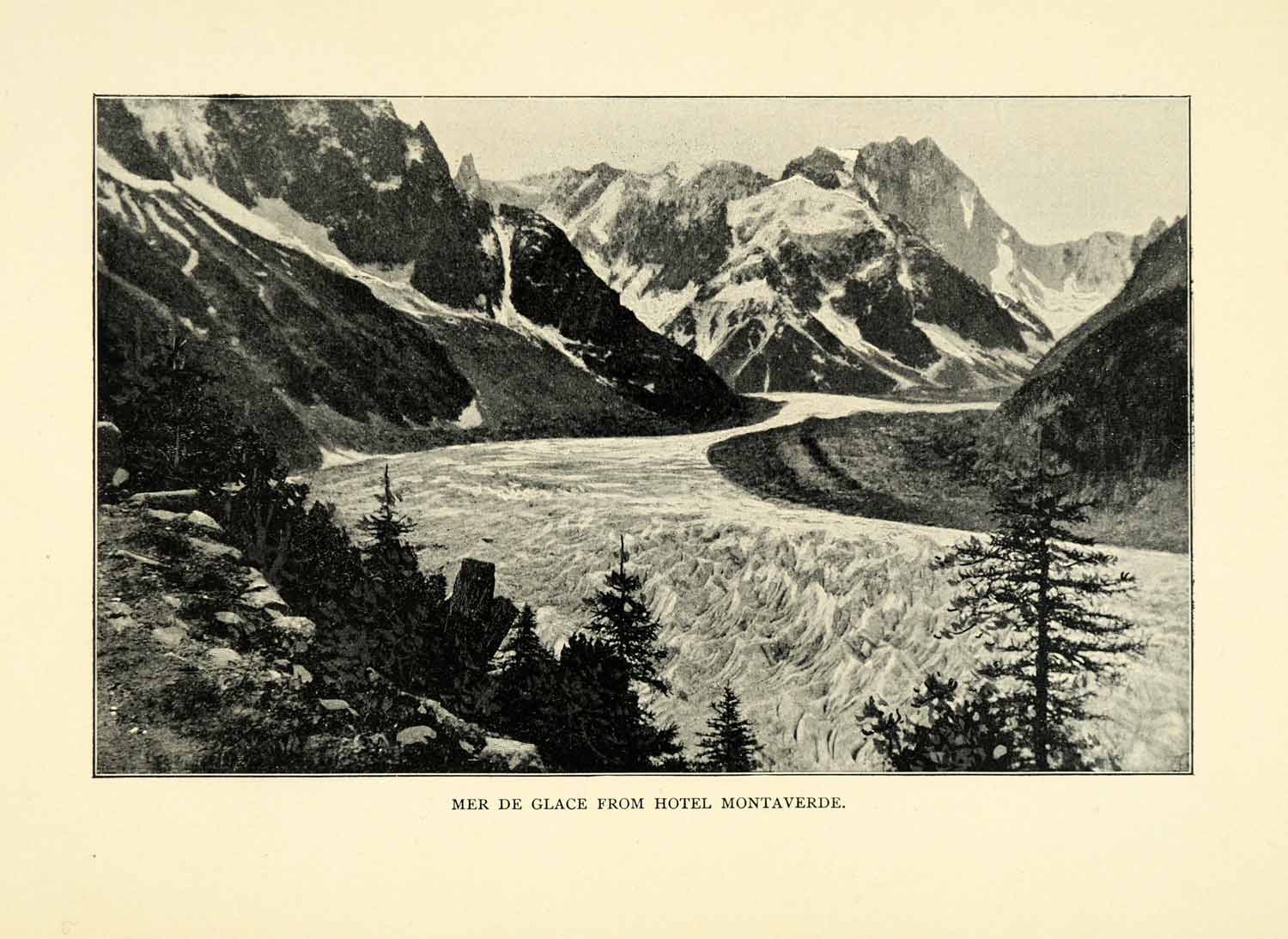 1901 Print Mer de Glace Hotel Montaverde Glacier Mountains Trees XGN3