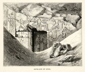 1891 Wood Engraving Entrance Speos Artemidos Egypt Egyptian Hieroglyphics XGOB9