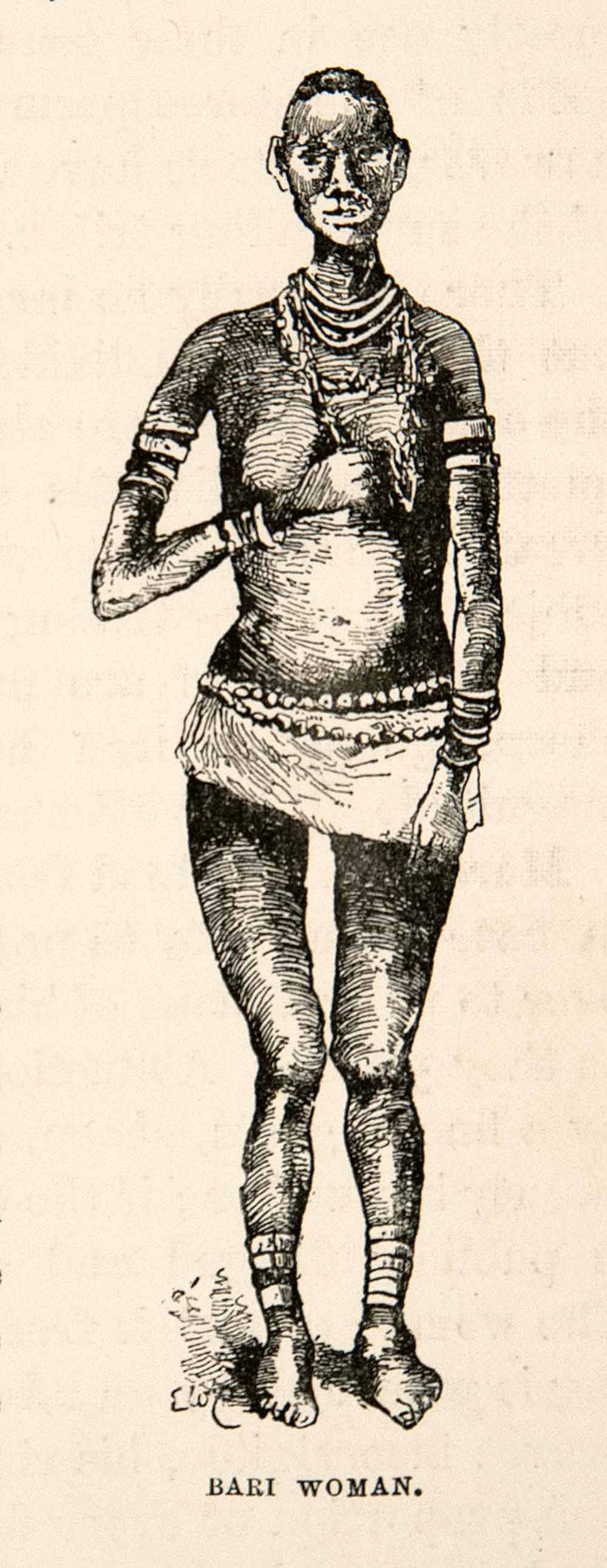 1890 Wood Engraving Bari Woman Nude Equatoria South Sudan Skirt Iron X –  Period Paper Historic Art LLC