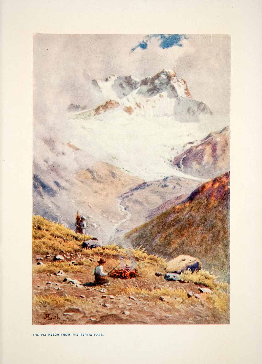 1907 Color Print Piz Kesch Tertig Pass Campfire Landscape Mountain XGPB6