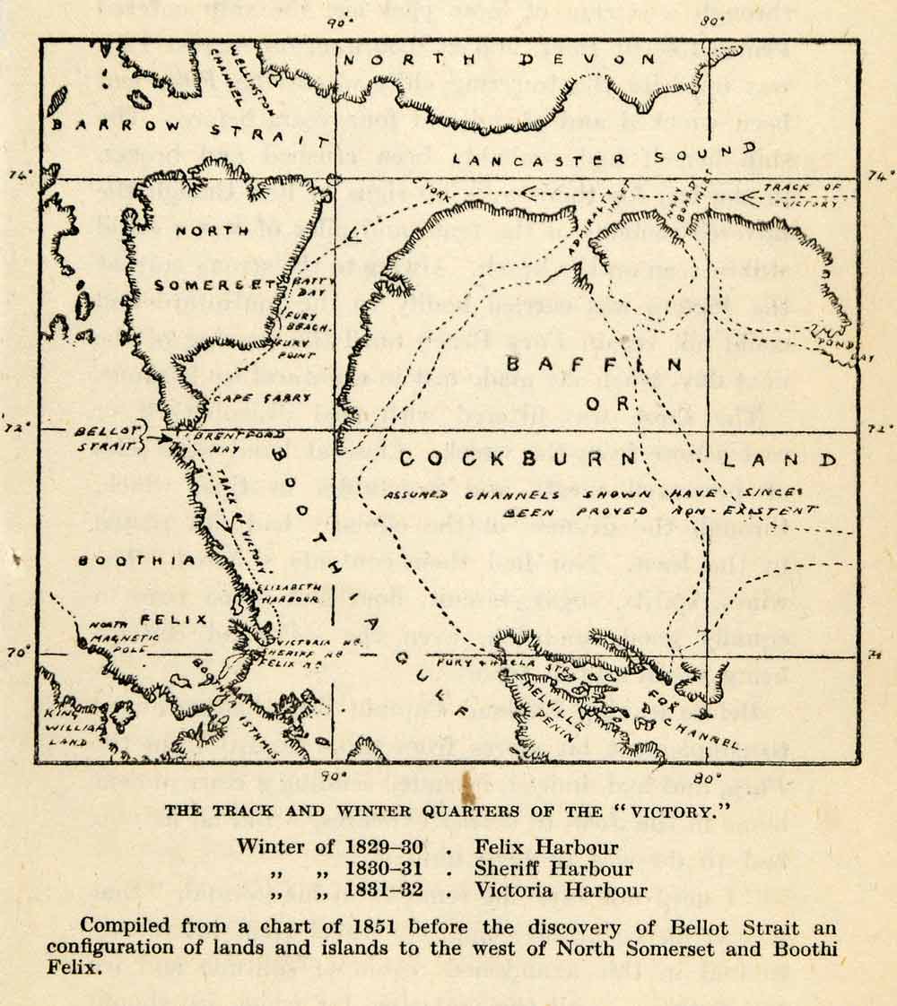 1927 Print Map Victory Arctic Chart Drift Barrow Strait North