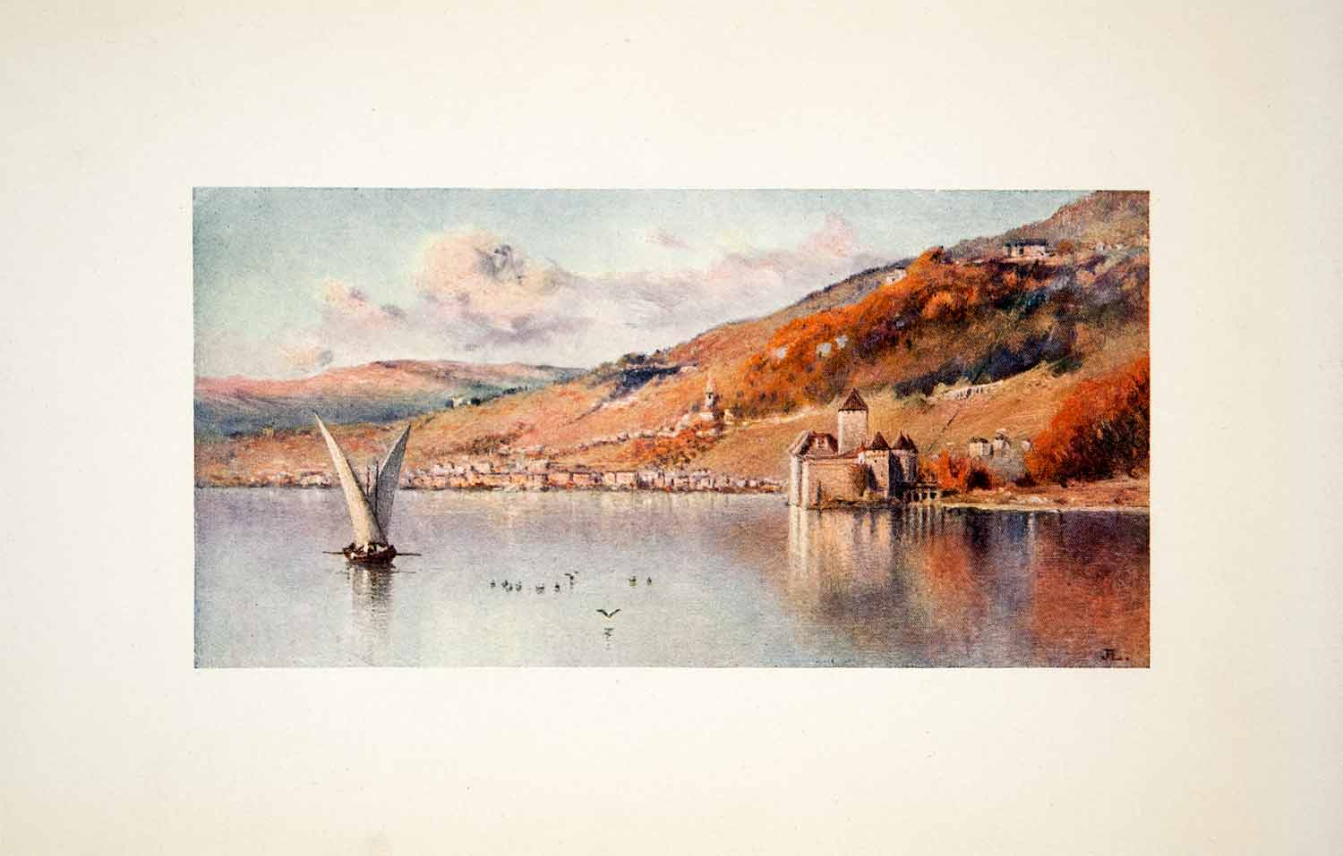 1908 Color Print Montreux Switzerland Lake Sailboat Autumn Landscape Lewis XGQB1