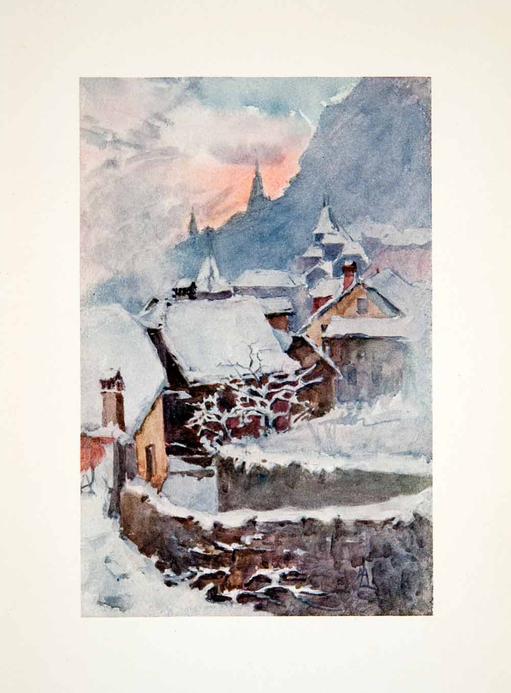 1908 Color Print Old Montreux Winter Evening Cityscape Switzerland Lewis XGQB1