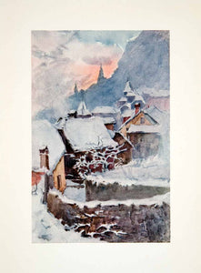 1908 Color Print Old Montreux Winter Evening Cityscape Switzerland Lewis XGQB1