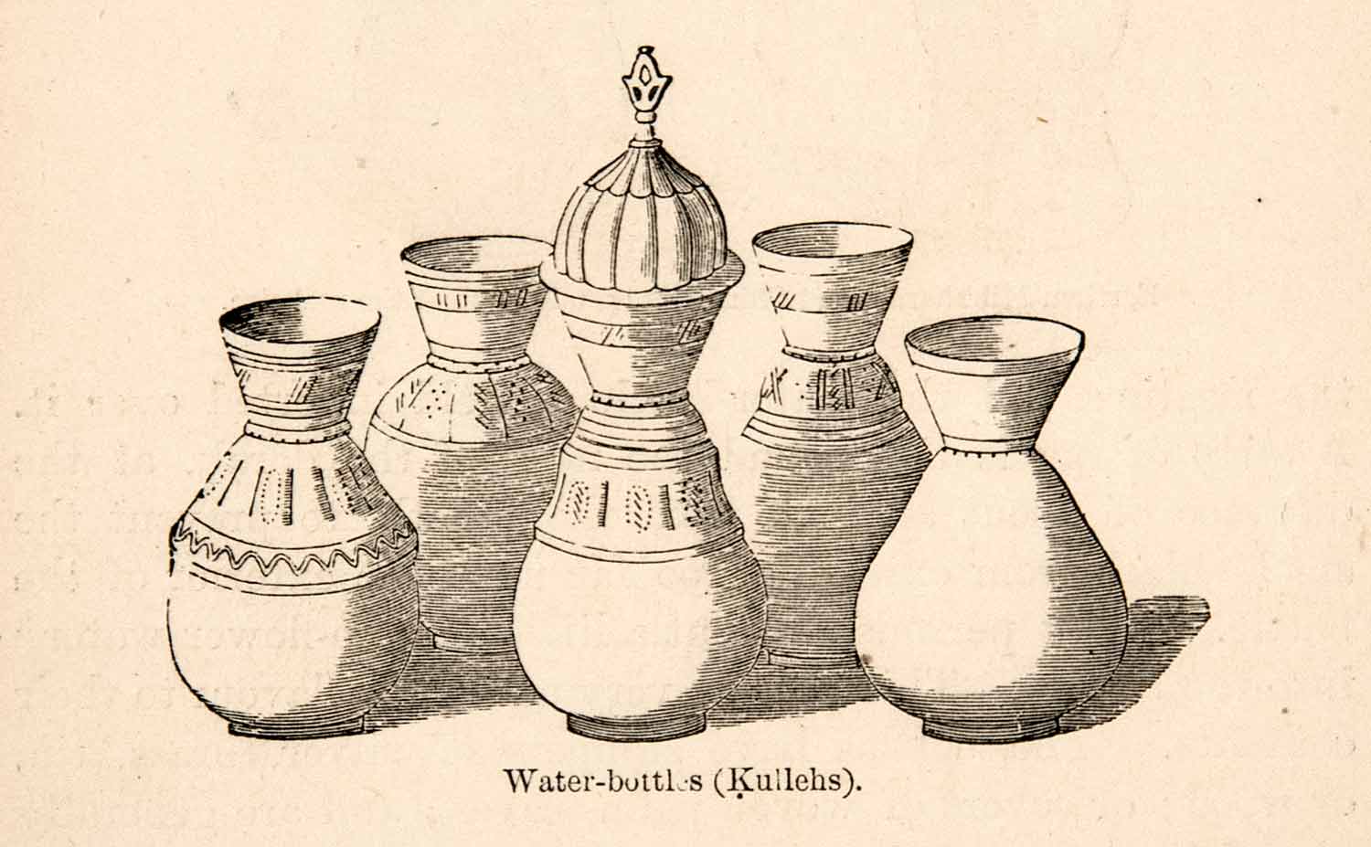 1871 Wood Engraving Middle East Water Bottles Kulleh Dorak Container XGQB7