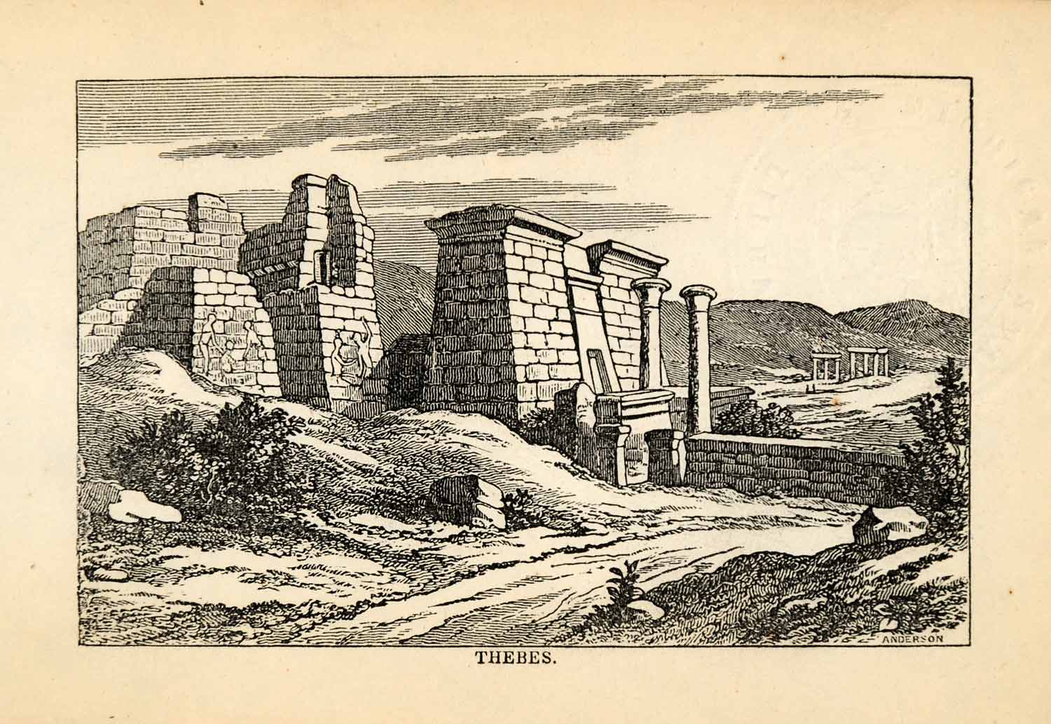 1867 Wood Engraving Thebes Egypt Pylon Column Ruins Archaeology Temple XGR8