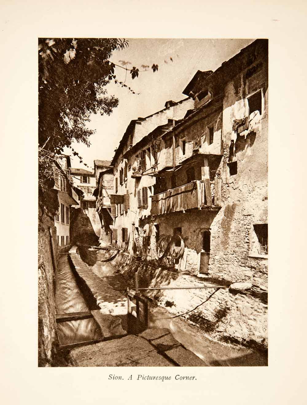 1929 Photogravure Sion Valais Switzerland Neighborhood Cityscape Canal XGRB8