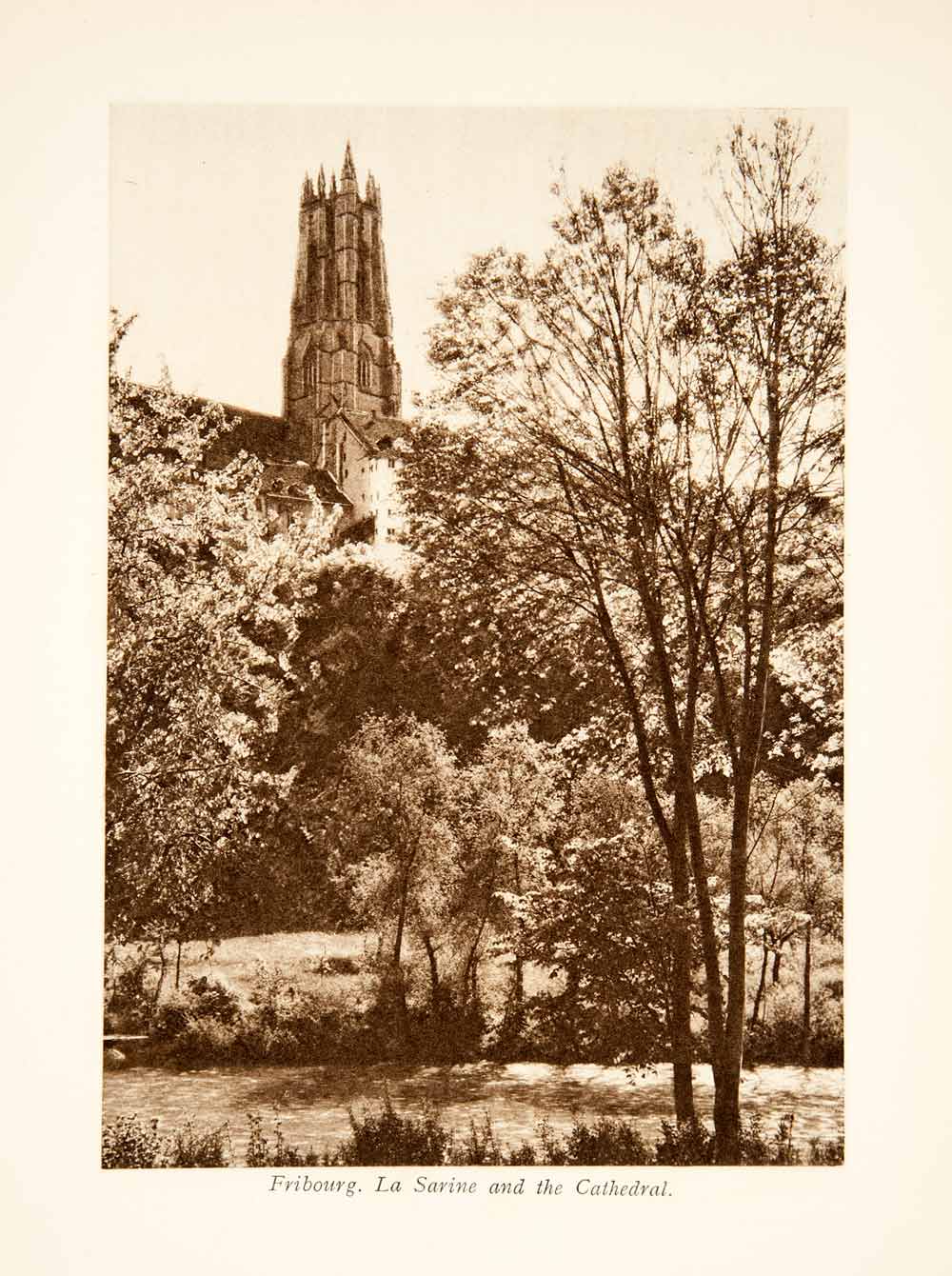 1929 Photogravure Switzerland Cathedral Fribourg Sarine River Gothic XGRB8