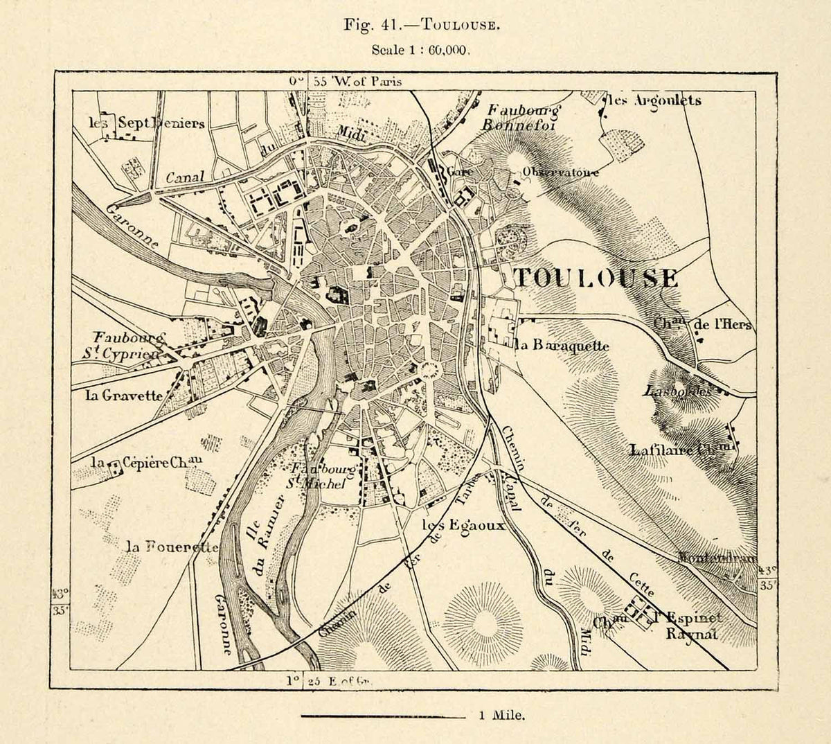 1882 Relief Line-block Map Toulouse France Faubourg Bonnefoi Fouerette ...