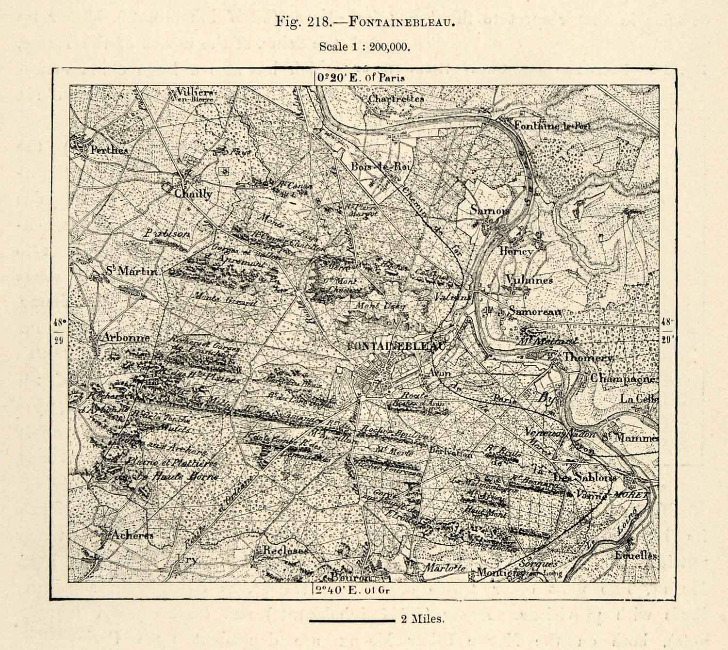 1882 Relief Line-block Fontainebleau France Samois Paris Thomery Marlotte XGS6