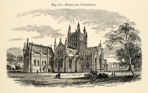 1882 Wood Engraving Hereford Cathedral England Church Religion Architecture XGS6