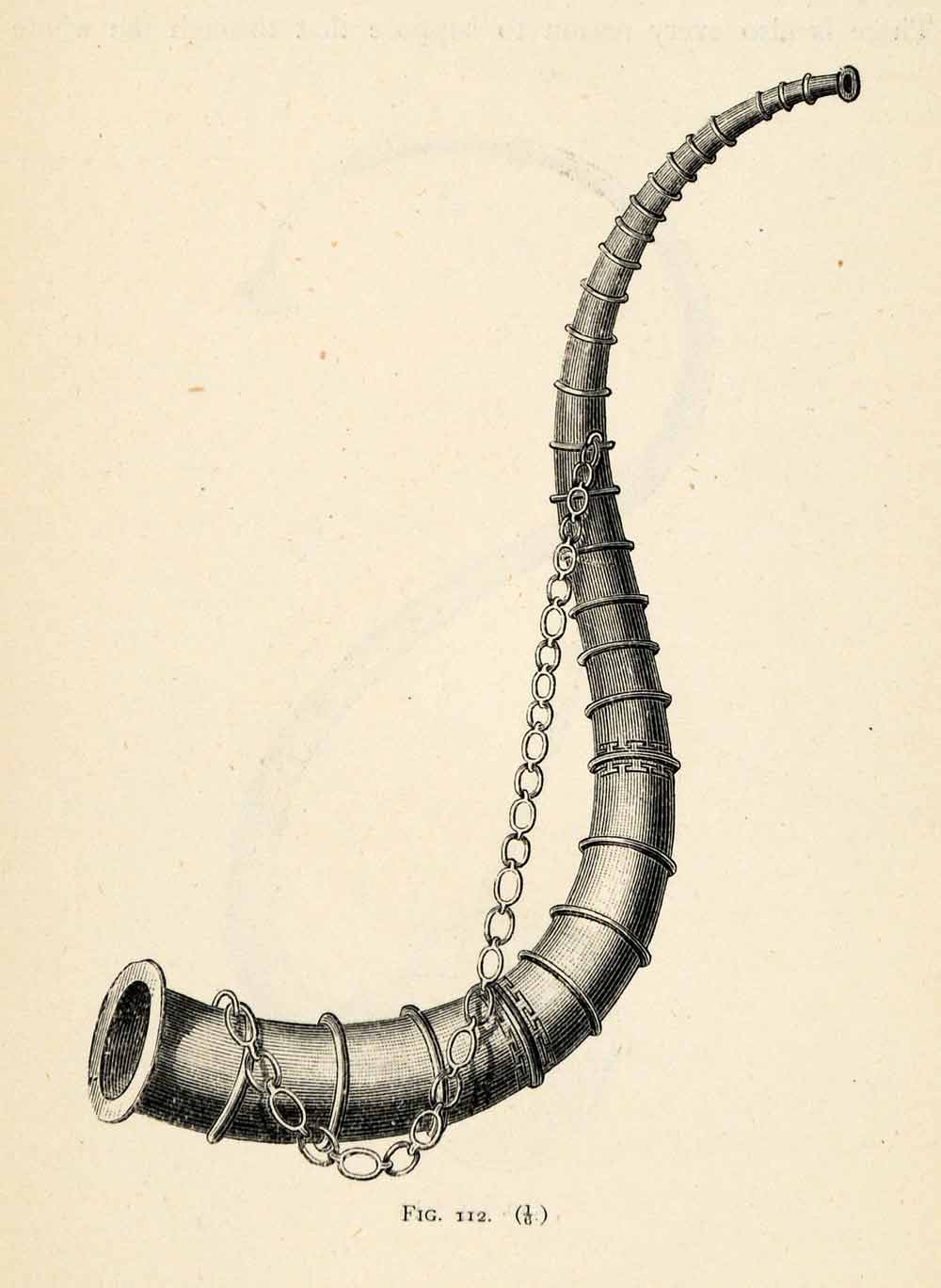 1882 Woodcut Bronze Age Horn Archaeological Tool Trumpet Instrument Musical XGS8