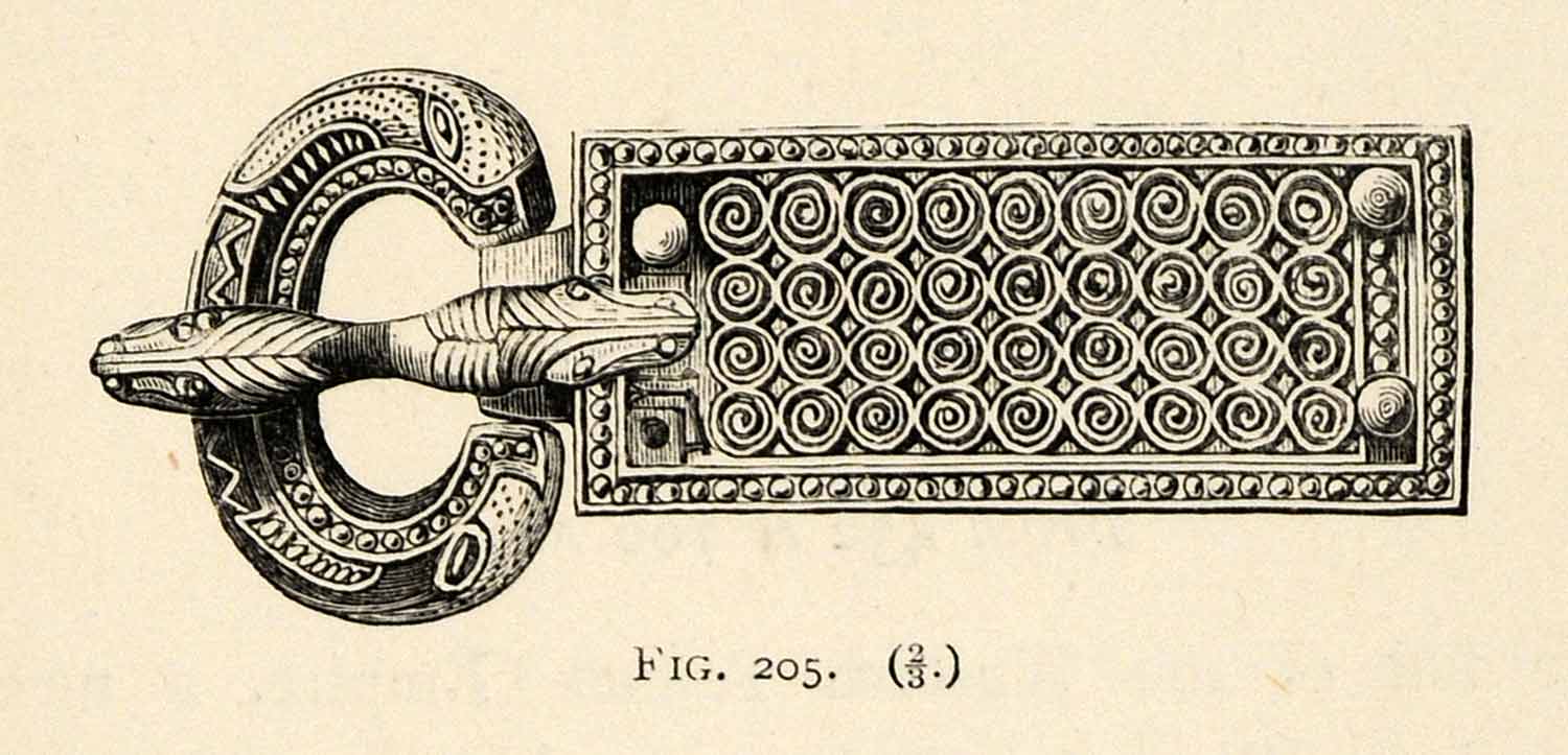 1882 Woodcut Iron Age Silver Buckle Gold Mounts Prehistoric Archaeological XGS8