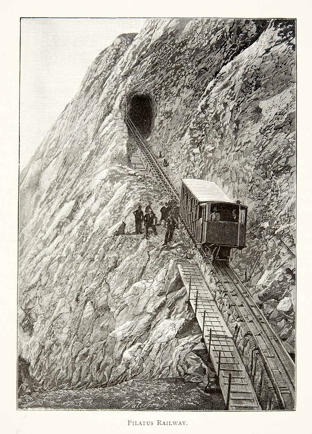 1891 Wood Engraving Pilatus Railway Pilatusbahn Alps Switzerland Mountain XGSB1