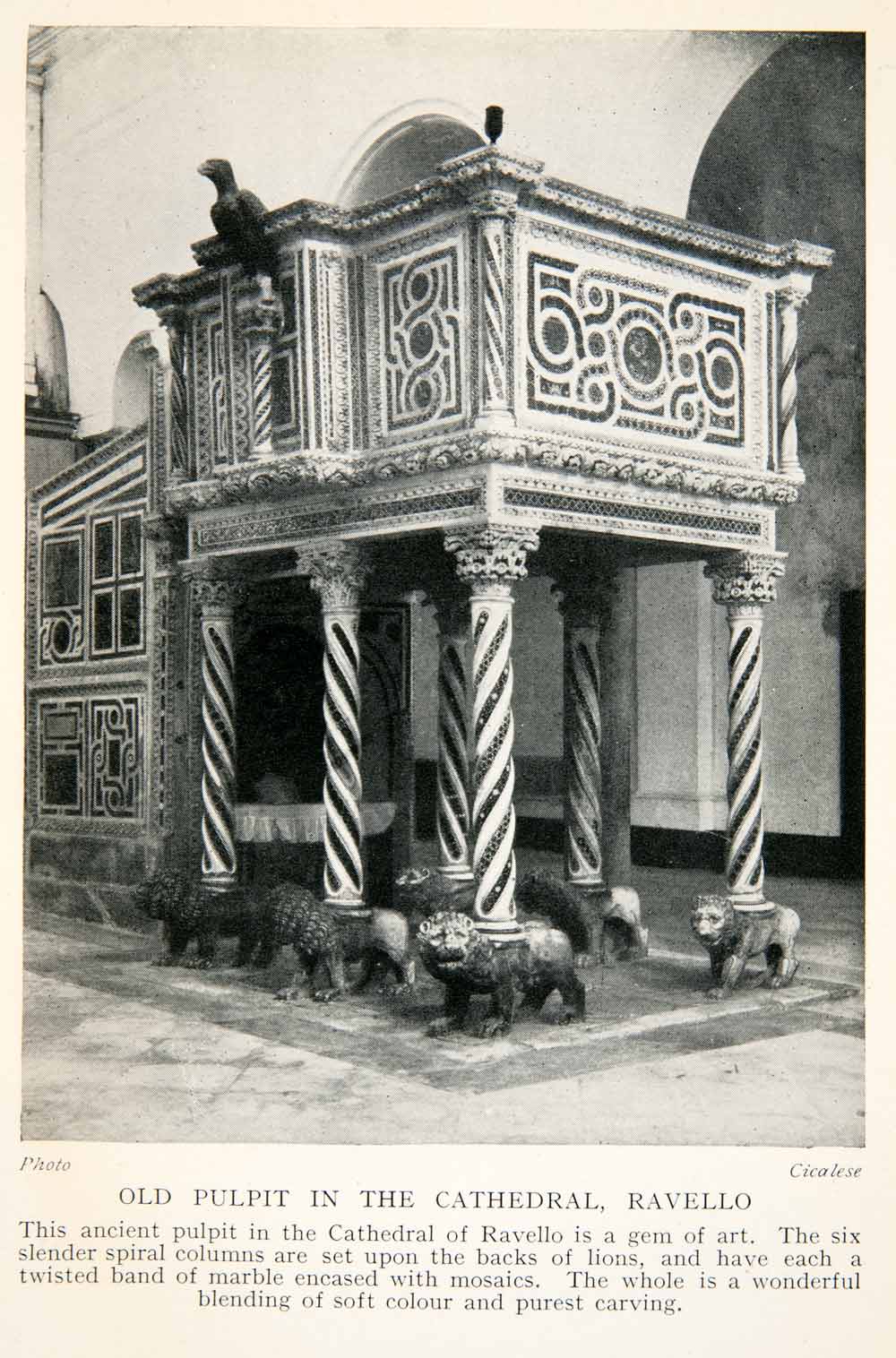 1928 Print Old Pulpit Cathedral Ravello Italy Lion Sculpture Column Marble XGTB6