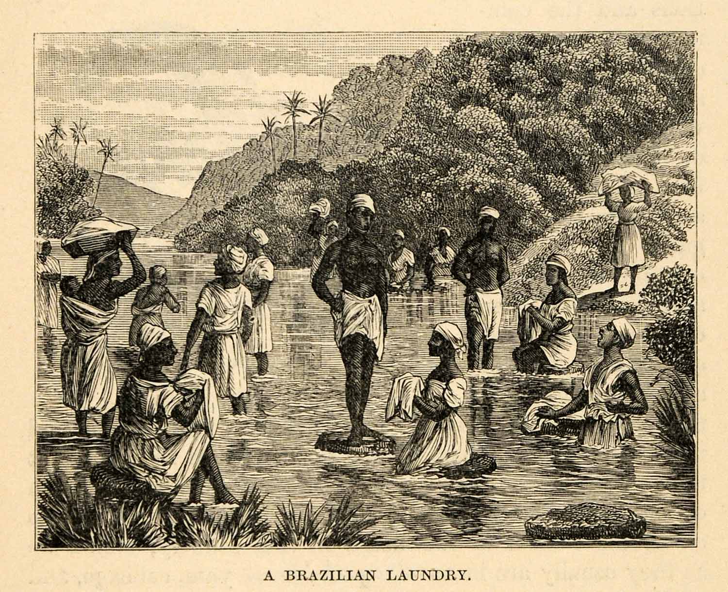 1888 Wood Engraving Brazilian Laundry River Wash Natives Costume Landscape XGU6