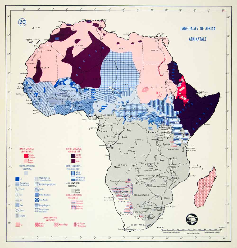 1963 Offset Lithograph Map Africa Languages Semitic Hamitic Sudanic XGUC7