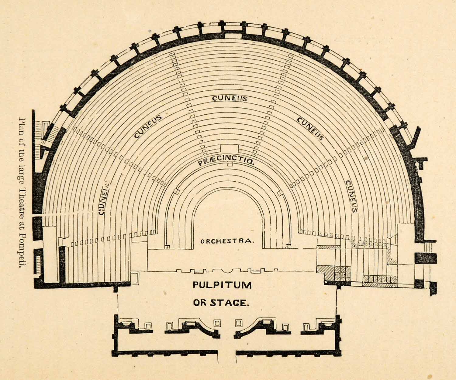 1871 Woodcut Theater Architecture Pompeii Italy Pulpitum Stage Ampitheater XGV9