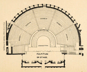 1871 Woodcut Theater Architecture Pompeii Italy Pulpitum Stage Ampitheater XGV9