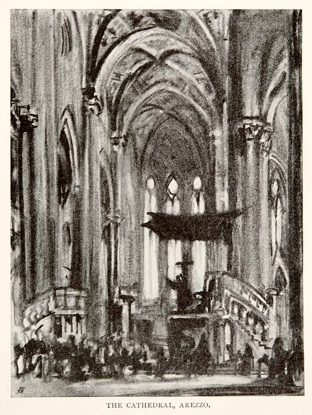 1904 Print Arezzo Cathedral Interior Nave Duomo Tuscany Italy