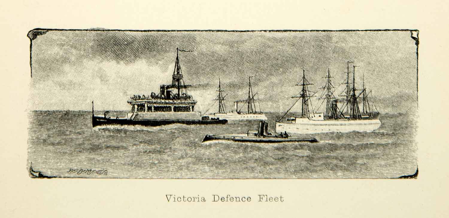 1887 Wood Engraving Art Victoria Australia Defense Fleet British Navy XGXC6