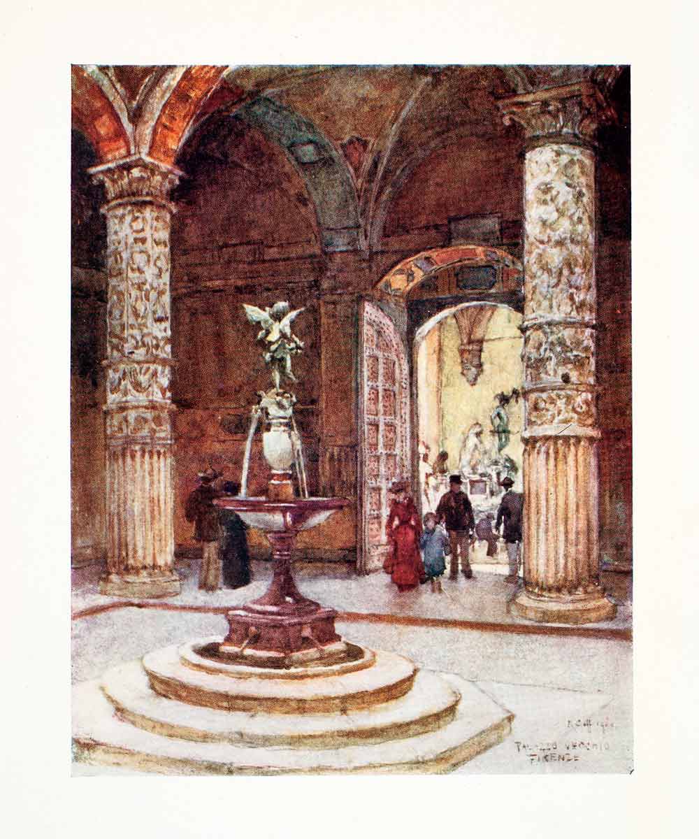 1905 Color Print Palazzo Vecchio Verrocchio Fountain Courtyard Florence XGYA2