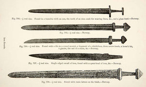 1889 Wood Engraving Swords Iron Tumulus Axe Comb Bead Single Double Edged XGYA7