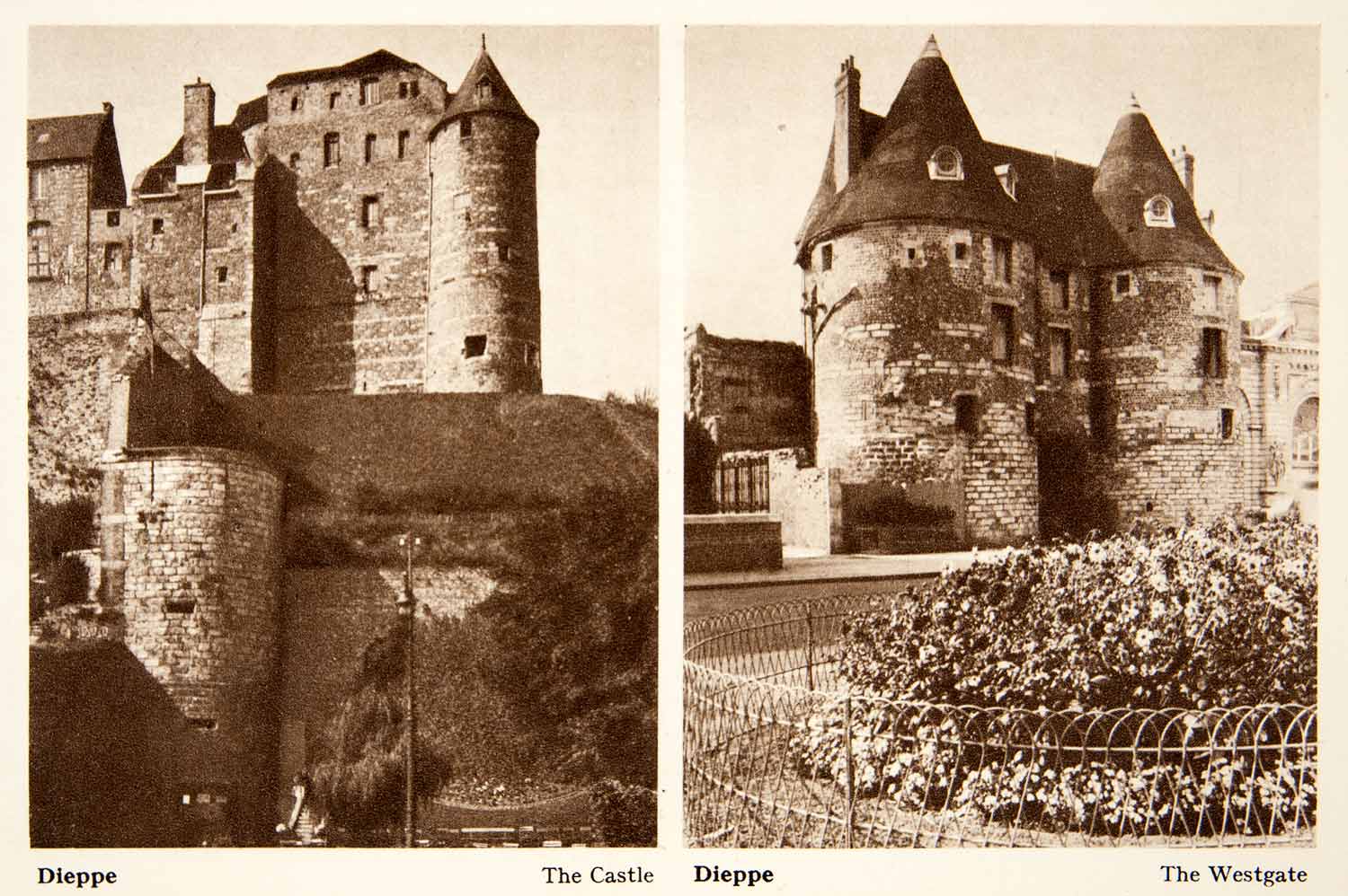 1950 Photogravure Normandy Dieppe France Castle Chateau Westgate Fortress XGYB9