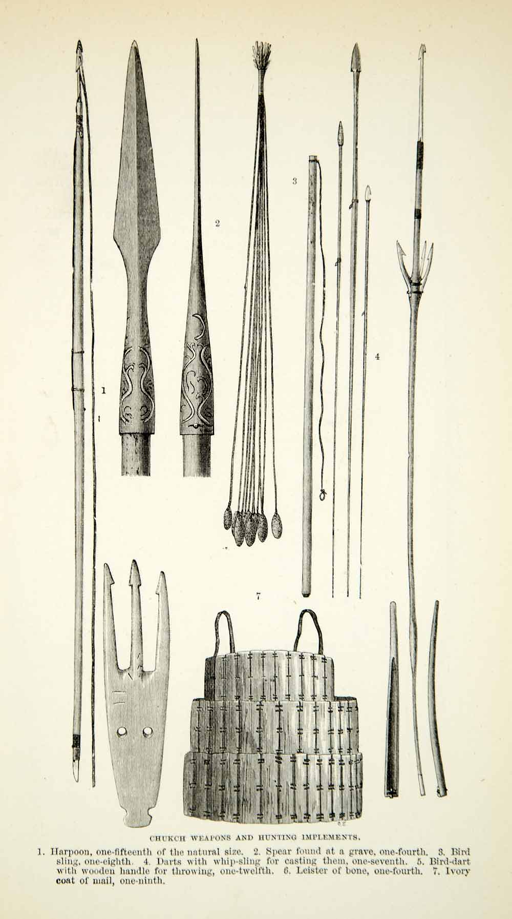 1882 Wood Engraving Art Chukchi Natives Weapons Hunting Implements Harpoon XGYC4