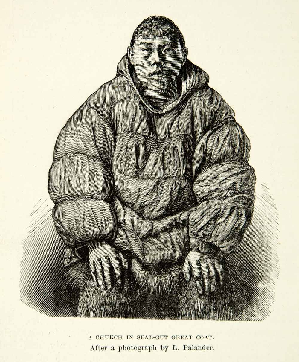 1882 Wood Engraving Art Portrait Chukchi Native Tribesman Seal Gut Coat XGYC4