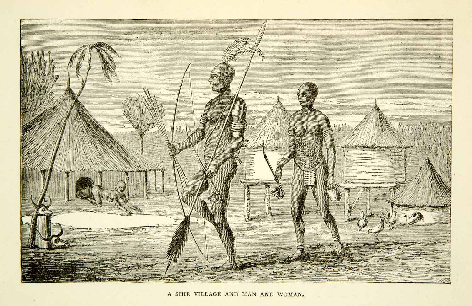 1884 Wood Engraving Shir Tribe Africa Nude Spear Bow Arrow Hut Pipe Native XGZC7