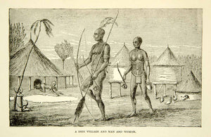 1884 Wood Engraving Shir Tribe Africa Nude Spear Bow Arrow Hut Pipe Native XGZC7