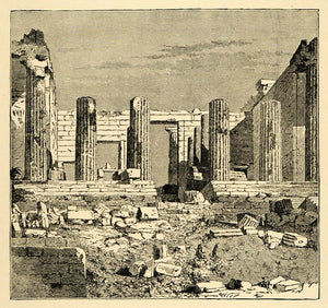 1890 Wood Engraving Propylaea Athens Greece Acropolis Columns Ruin XHA1