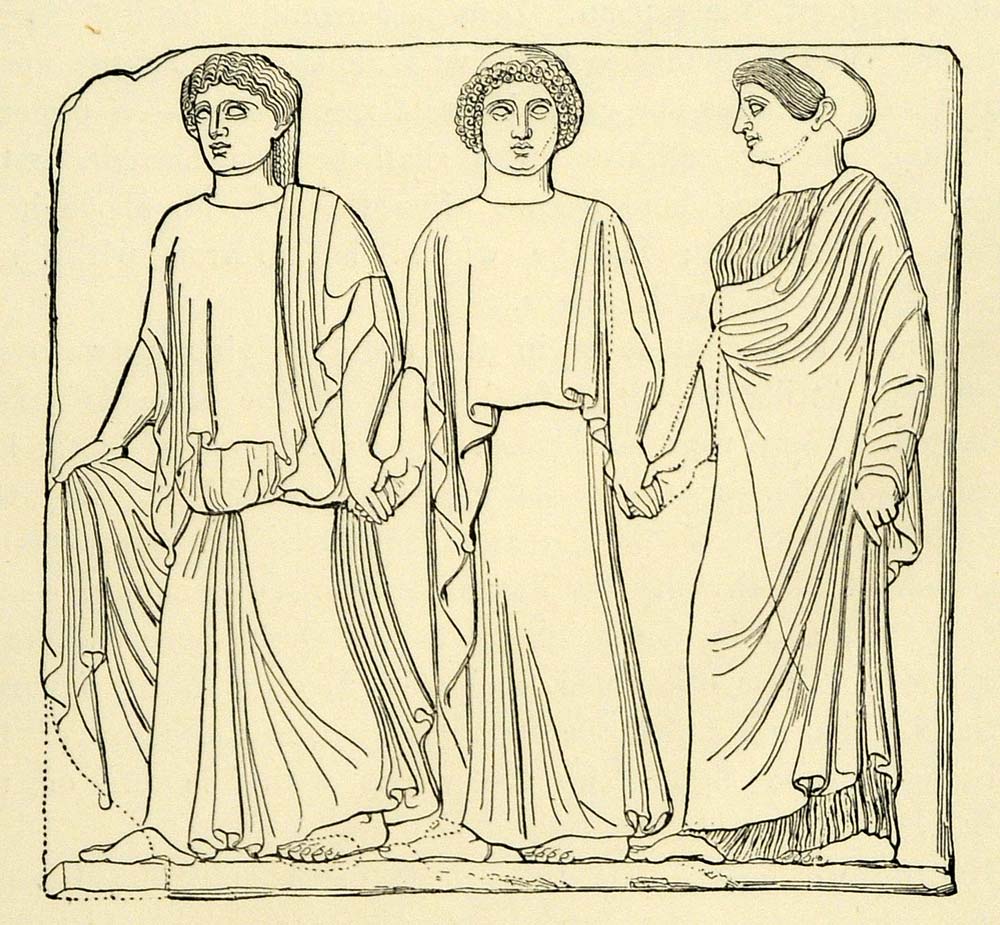 1890 Wood Engraving Three Graces Thallo Auxo Hegemone Charites Ancient XHA1