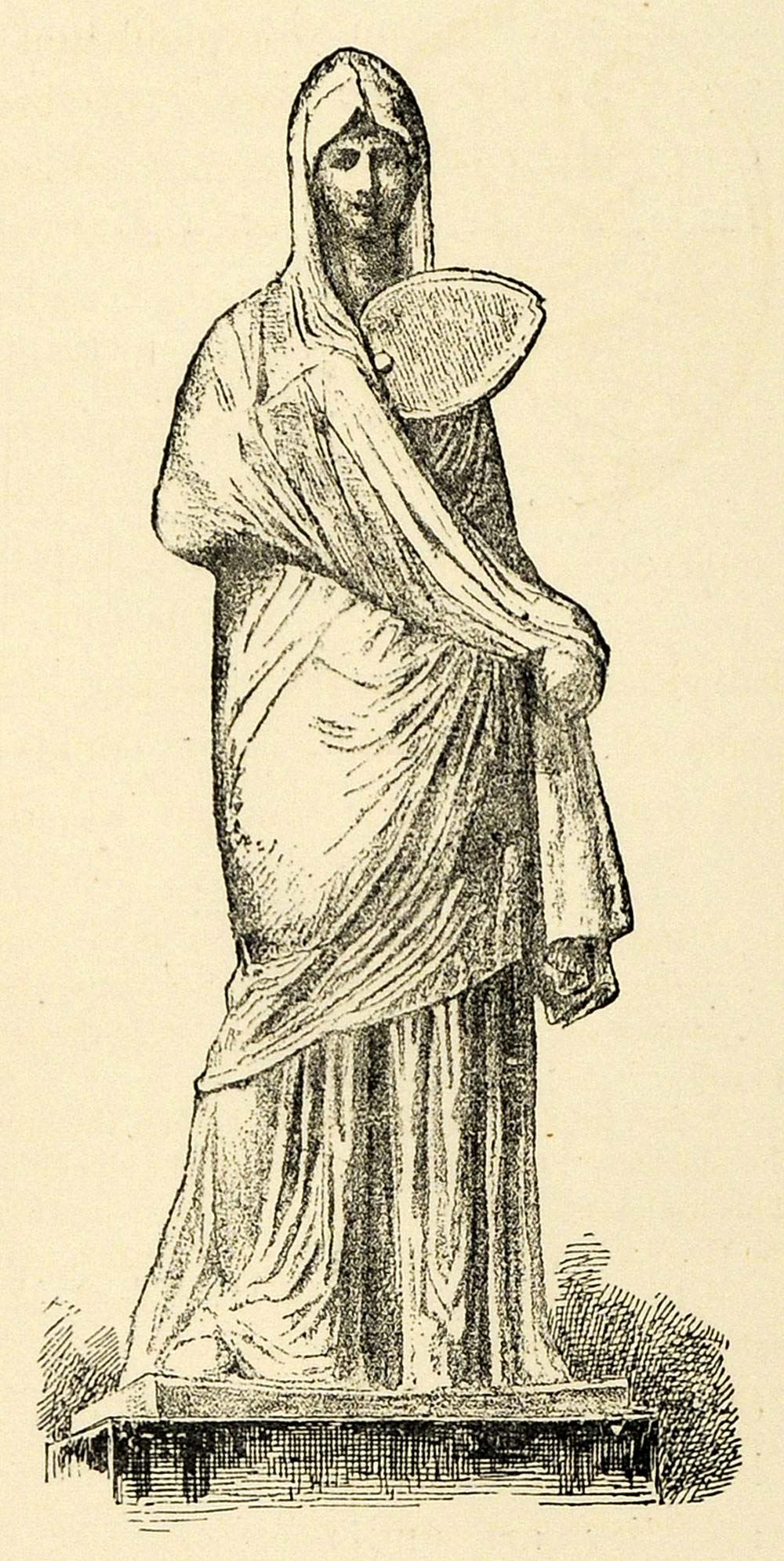 1890 Wood Engraving Tanagra Greece Woman Sculpture Terra Cotta Louvre Greek XHA1