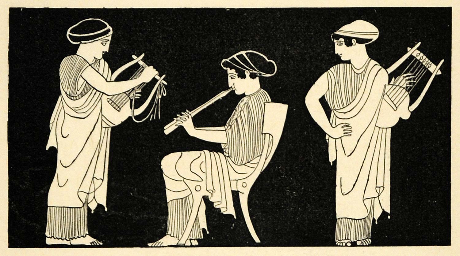 1890 Wood Engraving Musical Instrument Lyre Musician Flute Vase Painting XHA1