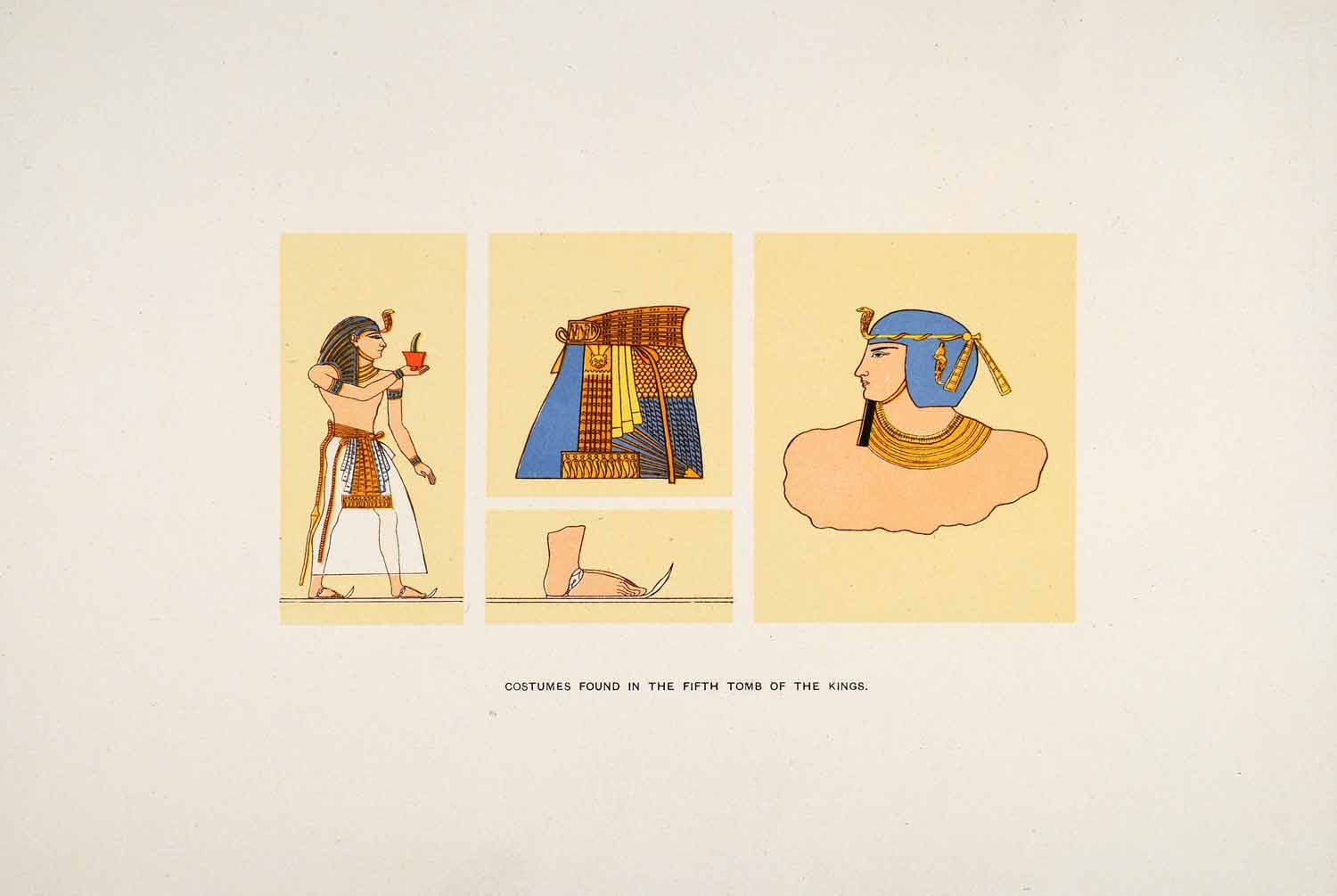 1903 Chromolithograph Costumes Valley Kings Thebes Uraeus Sandal Headdress XHA3