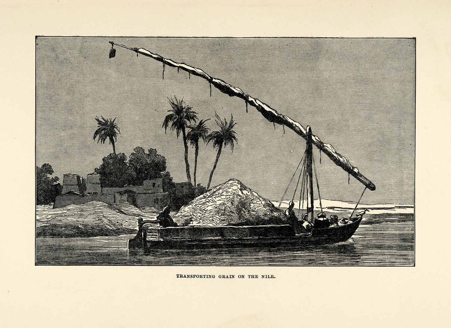 1904 Print Transportation Boat Nile Grain Mast Sail Palm Egypt Trade XHA4