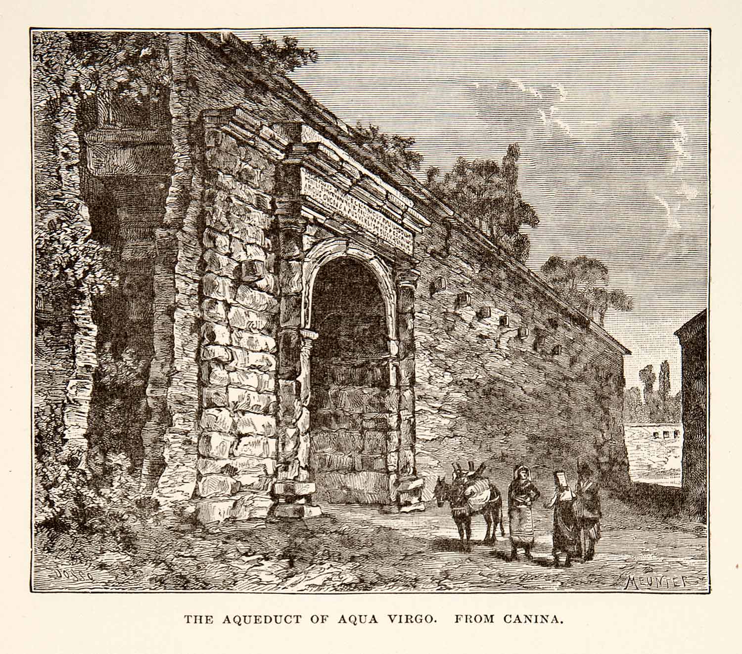 1890 Wood Engraving Roman Aqueduct Aqua Virgo Rome Italy Archeology Ancient XHB3