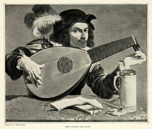 1895 Print Gerard Van Honthorst Art Man Tuning His Lute Musician Song Instrument